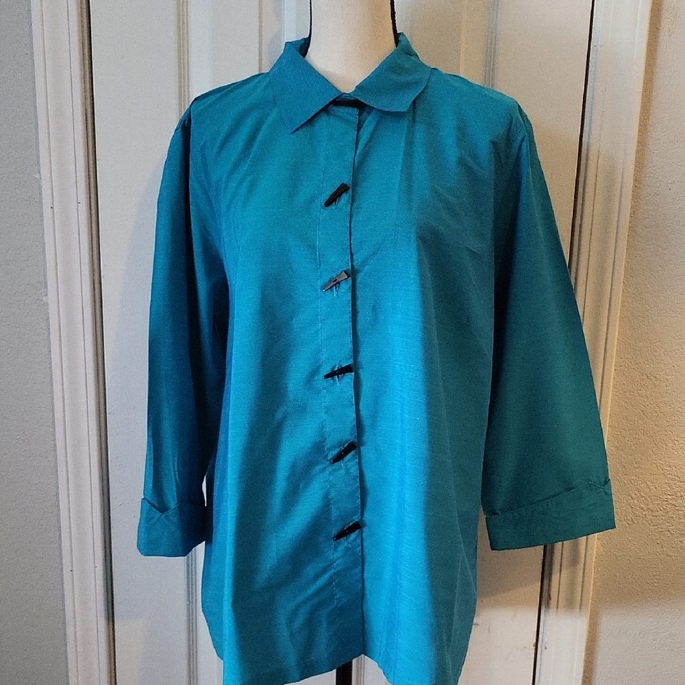Ali Miles Teal Button-Up Tunic Blouse